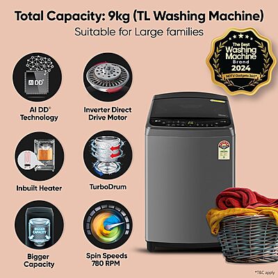 LG 9.0 Kg, 5 Star, AI Direct Drive Technology, Steam Wash for Allergy Removal, Fully-Automatic Top Loading Washing Machine LG 9.0 Kg, 5 Star, AI Direct Drive Technology, Steam Wash for Allergy Removal, Fully-Automatic Top Loading Washing Machine