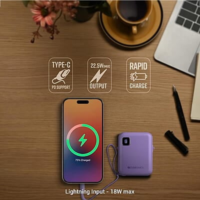 ZEBRONICS MW64 Compact Power Bank, 10000 mAh, Rapid Charge, 22.5W Output, Outputs - Type C Cable | Type C Port | Lightning Port, Percentage Indicator ZEBRONICS MW64 Compact Power Bank, 10000 mAh, Rapid Charge, 22.5W Output, Outputs - Type C Cable | Type C Port | Lightning Port, Percentage Indicator