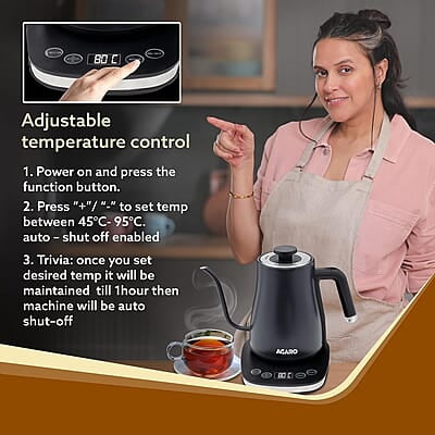AGARO Grand Electric Goose Neck Kettle, 800 ml, Hot Water, Tea, Coffee, Stainless Steel Body, Narrow Neck, Adjustable Temperature Settings, LED display, Black | 1500 watts