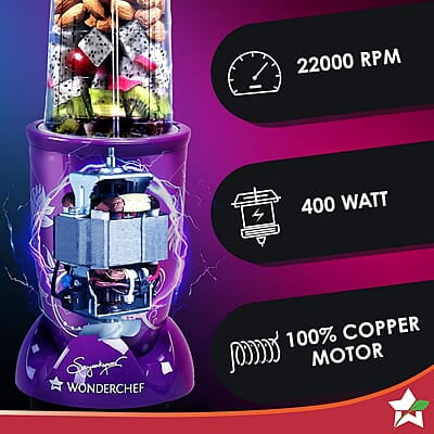 Wonderchef Nutri-blend Mixer, Grinder & Blender 400 Watt 22000 RPM 2 Unbreakable Jars Purple Wonderchef Nutri-blend Mixer, Grinder & Blender 400 Watt 22000 RPM 2 Unbreakable Jars Purple