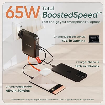 Ambrane 4-in-1 Power Bank, Charger, Magsafe Wireless Charger with Inbuit Cable for MacBook/Type C Laptop, iPhone & Android All-in-1 Device, 65W Fast Charging 15000mAh Ambrane 4-in-1 Power Bank, Charger, Magsafe Wireless Charger with Inbuit Cable for MacBook/Type C Laptop, iPhone & Android All-in-1 Device, 65W Fast Charging 15000mAh
