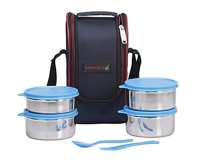 Varmora Stainless Steel Mini Lunch Box, Blue, 4 Pieces
