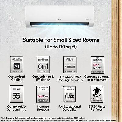 LG 1 Ton 5 Star DUAL Inverter Split AC (Copper, AI Convertible 6-in-1 with VIRAAT Mode, Faster Cooling & Energy Saving, 4 Way Swing, HD Filter with AntiVirus Protection LG 1 Ton 5 Star DUAL Inverter Split AC (Copper, AI Convertible 6-in-1 with VIRAAT Mode, Faster Cooling & Energy Saving, 4 Way Swing, HD Filter with AntiVirus Protection