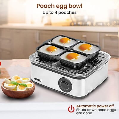 AGARO Grand Egg Boiler and Poacher,2-in1 Boils 8 Eggs, Poach 4 Eggs, Steamed Vegetables, 3 Boiling Modes, Stainless Steel Body, Transparent Lid, 500 Watts, Silver 14 ounces AGARO Grand Egg Boiler and Poacher,2-in1 Boils 8 Eggs, Poach 4 Eggs, Steamed Vegetables, 3 Boiling Modes, Stainless Steel Body, Transparent Lid, 500 Watts, Silver 14 ounces