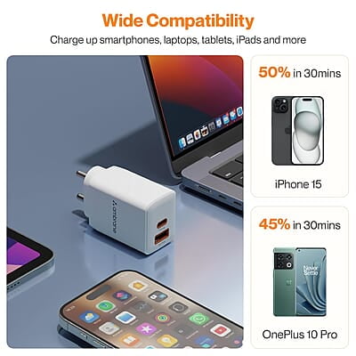 Ambrane 67W Dual Port GaN Charger,Fast Charger Adapter for Laptop, Lenovo, HP, ASUS, Dell, MacBook, iPhone Series, Samsung & Other Devices, USB & Type C Port with QC & PD Technology Ambrane 67W Dual Port GaN Charger,Fast Charger Adapter for Laptop, Lenovo, HP, ASUS, Dell, MacBook, iPhone Series, Samsung & Other Devices, USB & Type C Port with QC & PD Technology