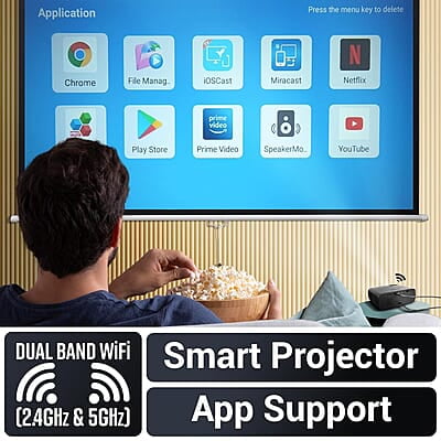 ZEBRONICS PIXAPLAY 55, Smart Projector, 8000 Lumens, 4K Support, 150 Inch Screen Size, Quad Core Processor, Bluetooth, HDMI, USB, WiFi, mSD, AUX, 1080p Native, APP Support, Miracast