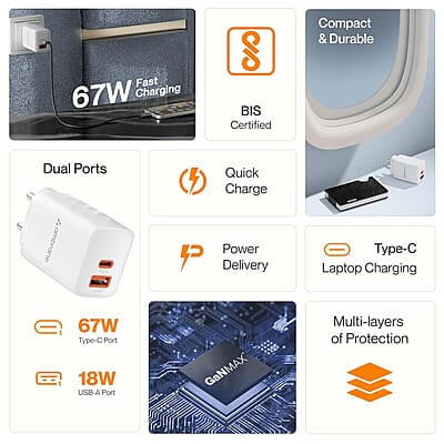 Ambrane 67W Dual Port GaN Charger,Fast Charger Adapter for Laptop, Lenovo, HP, ASUS, Dell, MacBook, iPhone Series, Samsung & Other Devices, USB & Type C Port with QC & PD Technology Ambrane 67W Dual Port GaN Charger,Fast Charger Adapter for Laptop, Lenovo, HP, ASUS, Dell, MacBook, iPhone Series, Samsung & Other Devices, USB & Type C Port with QC & PD Technology
