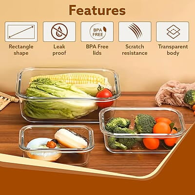 AGARO Borosilicate Glass Containers with Lids, 3 pcs Set (370ml, 640ml &1040ml), Microwave Safe AGARO Borosilicate Glass Containers with Lids, 3 pcs Set (370ml, 640ml &1040ml), Microwave Safe