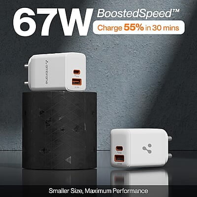 Ambrane 67W Dual Port GaN Charger,Fast Charger Adapter for Laptop, Lenovo, HP, ASUS, Dell, MacBook, iPhone Series, Samsung & Other Devices, USB & Type C Port with QC & PD Technology Ambrane 67W Dual Port GaN Charger,Fast Charger Adapter for Laptop, Lenovo, HP, ASUS, Dell, MacBook, iPhone Series, Samsung & Other Devices, USB & Type C Port with QC & PD Technology