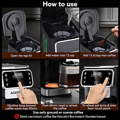 AGARO Primo Drip Coffee Maker, Brew & Drip Coffee Maker, Up to 12 Cups of Coffee, Fast Heating, Adjustable Temperature & Timer AGARO Primo Drip Coffee Maker, Brew & Drip Coffee Maker, Up to 12 Cups of Coffee, Fast Heating, Adjustable Temperature & Timer