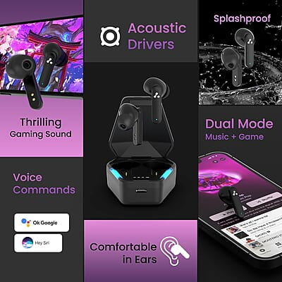 Ambrane True Wireless Gaming in Ear Earbuds, 56ms Ultra-Low Latency, Lag-Free Audio, 18 Hours Long Playtime, Instant Pairing with Bluetooth V5.0, Boosted Bass, IPX4