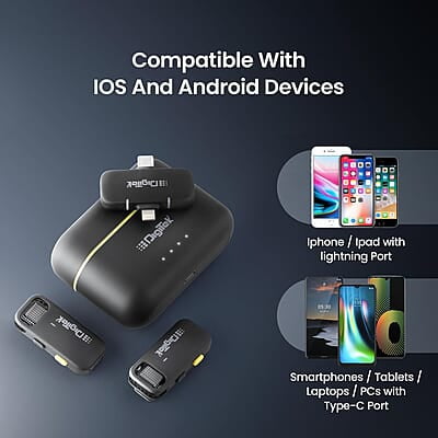 Digitek® (DWM-103 Wireless Microphone System with ANC Noise Reduction & 8Hrs Battery Life, 30m Range, High Fidelity, Dual Connector to Work with Android & iOS Devices for Seamless Audio Recordings Digitek® (DWM-103 Wireless Microphone System with ANC Noise Reduction & 8Hrs Battery Life, 30m Range, High Fidelity, Dual Connector to Work with Android & iOS Devices for Seamless Audio Recordings