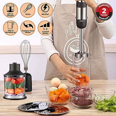AGARO Marvel 800 Watts Hand Blender With Chopper, Jar & Whisker, 2 Variable Speed Modes & Speed Regulator AGARO Marvel 800 Watts Hand Blender With Chopper, Jar & Whisker, 2 Variable Speed Modes & Speed Regulator