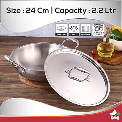 Wonderchef Nigella Tri-ply Stainless Steel 24 cm Kadhai with Lid 2.2 litres 2.6mm Thickness Wonderchef Nigella Tri-ply Stainless Steel 24 cm Kadhai with Lid 2.2 litres 2.6mm Thickness