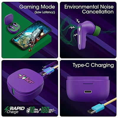 Zebronics DC Joker Edition Sound Bomb 7 TWS Wireless in Ear Earbuds with 40H* Backup, Rapid Charge, 50ms Gaming Mode, ENC mic, Voice Assistant, Flash Connect, Splash Proof, BT v5.2 and Type C