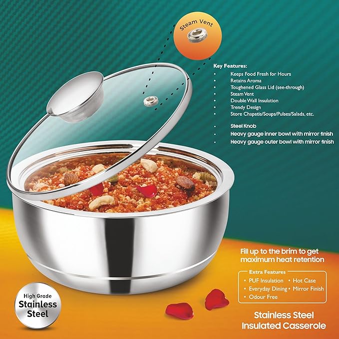 Signora ware Roti Server Casserole With Steel Lid & Glass Lid 2100 ML Signora ware Roti Server Casserole With Steel Lid & Glass Lid 2100 ML