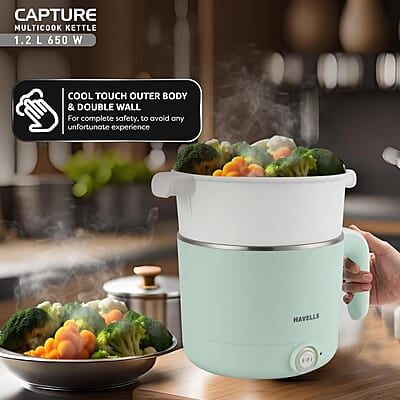 Havells Capture 1.2 Ltr Multi Cook Kettle with Steamer Basket SS Rust Resistant Body Havells Capture 1.2 Ltr Multi Cook Kettle with Steamer Basket SS Rust Resistant Body