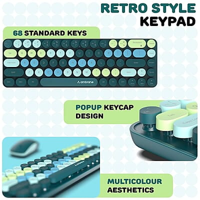 Ambrane Combo of Wireless Keyboard with Mouse Retro Typewriter Inspired, 2.4GHz for Desktop, Laptop, MacBook and Devices with USB Support, Compact Light-Weight, Single Nano Receiver KeyPop Ambrane Combo of Wireless Keyboard with Mouse Retro Typewriter Inspired, 2.4GHz for Desktop, Laptop, MacBook and Devices with USB Support, Compact Light-Weight, Single Nano Receiver KeyPop
