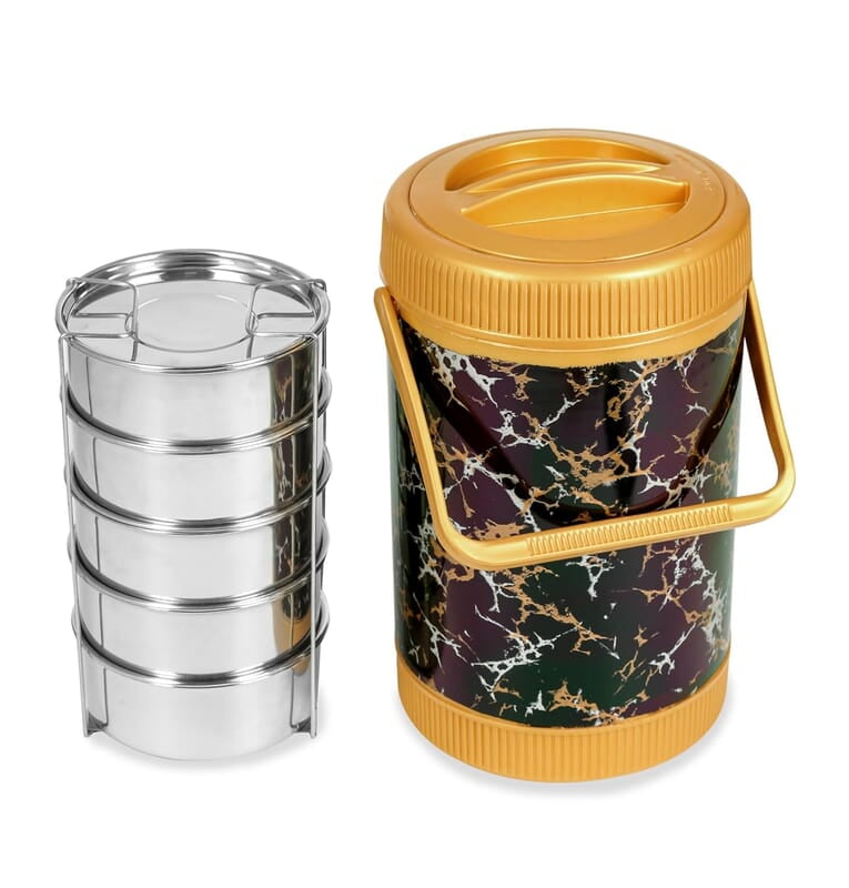 Varmora Jumbo Cosmic Lunch, Set of 5 Containers (700 ml Each) Stainless Steel- Insulated Lunch Box- Gold Varmora Jumbo Cosmic Lunch, Set of 5 Containers (700 ml Each) Stainless Steel- Insulated Lunch Box- Gold