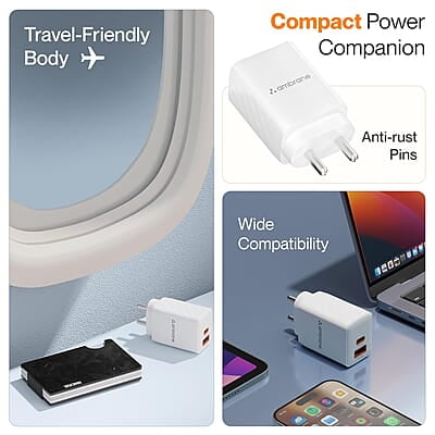 Ambrane 67W Dual Port GaN Charger,Fast Charger Adapter for Laptop, Lenovo, HP, ASUS, Dell, MacBook, iPhone Series, Samsung & Other Devices, USB & Type C Port with QC & PD Technology Ambrane 67W Dual Port GaN Charger,Fast Charger Adapter for Laptop, Lenovo, HP, ASUS, Dell, MacBook, iPhone Series, Samsung & Other Devices, USB & Type C Port with QC & PD Technology