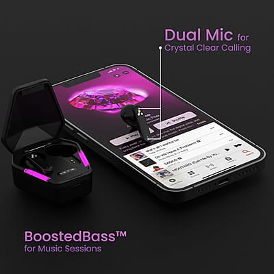 Ambrane True Wireless Gaming in Ear Earbuds, 56ms Ultra-Low Latency, Lag-Free Audio, 18 Hours Long Playtime, Instant Pairing with Bluetooth V5.0, Boosted Bass, IPX4