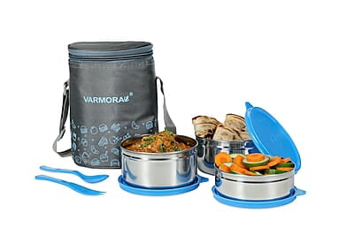 Varmora Stainless Steel SS Jumbo Trio Printed Lunch-Tiffin Box for Office - Set of 3 Containers (390 ml, 520 ml, 520 ml)