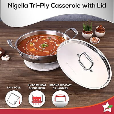 Wonderchef Nigella Tri-ply Stainless Steel 24 cm Kadhai with Lid 2.2 litres 2.6mm Thickness Wonderchef Nigella Tri-ply Stainless Steel 24 cm Kadhai with Lid 2.2 litres 2.6mm Thickness