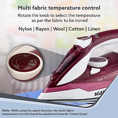AGARO Imperial Steam Iron, 2200W, Ceramic Coated Sole Plate 350 Ml Water Tank AGARO Imperial Steam Iron, 2200W, Ceramic Coated Sole Plate 350 Ml Water Tank