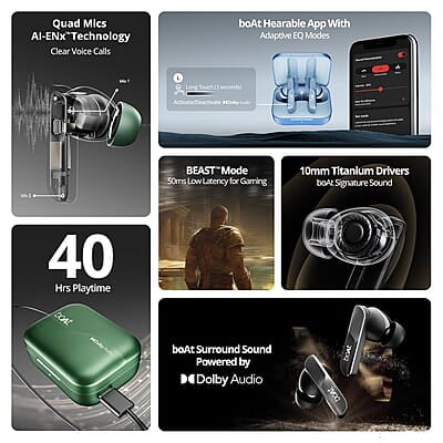 boAt Airdopes 800 True Wireless in Ear Ear Buds w/Dolby Audio, Adaptive EQ by Mimi, 40 Hours Playback, 4 Mics w/AI-ENx™, in-Ear Detection & Hearables App Support