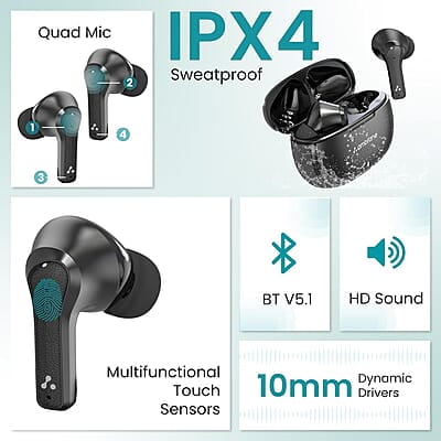 Ambrane TWS in Ear Earbuds with ENC Clear Calls & High Bass, 31h Playtime, BT 5.1 Wireless Headphone, Touch Control in Ear TWS with 4 Mic, IPX4 Water Resistance & Voice Assistance Ambrane TWS in Ear Earbuds with ENC Clear Calls & High Bass, 31h Playtime, BT 5.1 Wireless Headphone, Touch Control in Ear TWS with 4 Mic, IPX4 Water Resistance & Voice Assistance