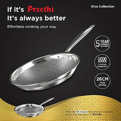 Preethi Diva Collection Triply Stainless Steel Fry Pan with API Technology, 26 cm, Gas & Induction Preethi Diva Collection Triply Stainless Steel Fry Pan with API Technology, 26 cm, Gas & Induction