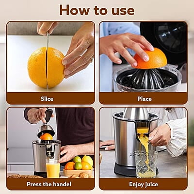 AGARO Regency Electric Citrus Juicer 350W, 650 ml, Pulp Regulator, AC Copper Motor, 2 Cones For All Citrus fruits, 2 filters, Anti Drip, Stainless Steel Body, Silver & Black AGARO Regency Electric Citrus Juicer 350W, 650 ml, Pulp Regulator, AC Copper Motor, 2 Cones For All Citrus fruits, 2 filters, Anti Drip, Stainless Steel Body, Silver & Black