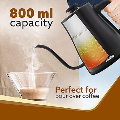 AGARO Grand Electric Goose Neck Kettle, 800 ml, Hot Water, Tea, Coffee, Stainless Steel Body, Narrow Neck, Adjustable Temperature Settings, LED display, Black | 1500 watts