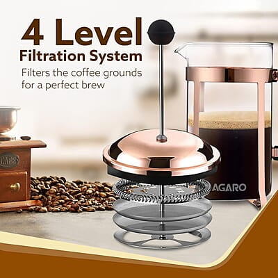 AGARO Royal French Press Coffee And Tea Maker, Borosilicate Glass Body With Sleeves, Glass Carafe, BPA Free Plastic Lid Strainer, 600Ml AGARO Royal French Press Coffee And Tea Maker, Borosilicate Glass Body With Sleeves, Glass Carafe, BPA Free Plastic Lid Strainer, 600Ml
