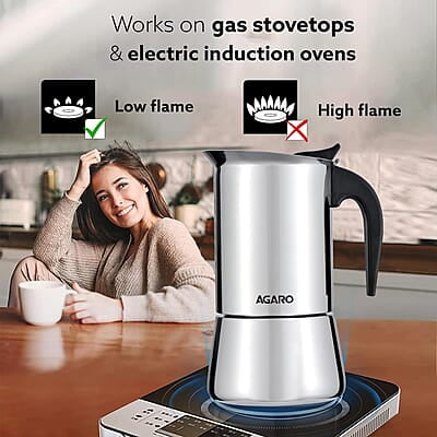 AGARO Royal Moka Pot, Stovetop & Induction Cooktop Classic Espresso & Coffee Maker, 200 Ml AGARO Royal Moka Pot, Stovetop & Induction Cooktop Classic Espresso & Coffee Maker, 200 Ml
