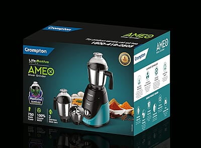 Crompton Ameo 750-Watt Mixer Grinder with MaxiGrind and Motor Vent-X Technology AMEO-4JARS