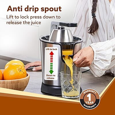 AGARO Regency Electric Citrus Juicer 350W, 650 ml, Pulp Regulator, AC Copper Motor, 2 Cones For All Citrus fruits, 2 filters, Anti Drip, Stainless Steel Body, Silver & Black AGARO Regency Electric Citrus Juicer 350W, 650 ml, Pulp Regulator, AC Copper Motor, 2 Cones For All Citrus fruits, 2 filters, Anti Drip, Stainless Steel Body, Silver & Black