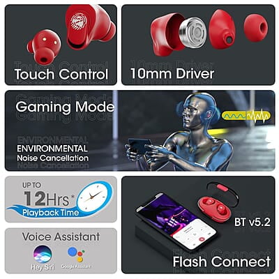 Zebronics Zeb-Sound Bomb N2 TWS Wireless in Ear Earbuds with 50ms Low Latency Gaming, ENC, Voice Assistant, Flash Connect, Splash Proof, BT v5.2, up to 12H Backup, Call Function and Type C