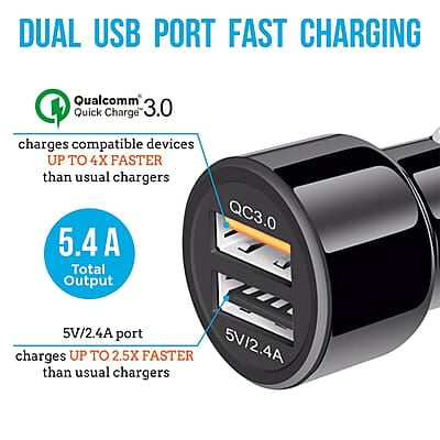Ambrane 30W Fast Car Charger with Dual Output, Qualcomm Quick Charge 3.0 Compatible with all Cars (ACC11QC