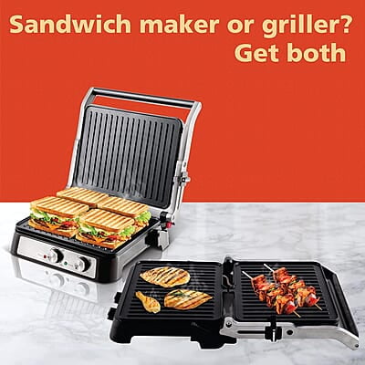 Crompton MaxCrisp 4 Slice Sandwich Maker 2000W with Timer and 180 Degrees Barbecue Grill