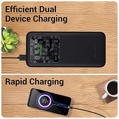 ZEBRONICS MB10000S15 Power Bank, 10000 mAh, Rapid Charge, 22.5W Output, Dual USB Output, PD 3.0 Type C, Built in Protections, Percentage Indicator