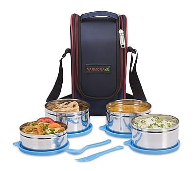 Varmora Stainless Steel Mini Lunch Box, Blue, 4 Pieces
