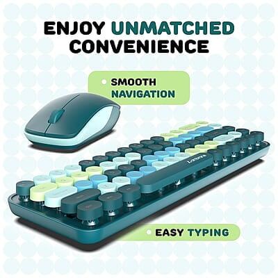 Ambrane Combo of Wireless Keyboard with Mouse Retro Typewriter Inspired, 2.4GHz for Desktop, Laptop, MacBook and Devices with USB Support, Compact Light-Weight, Single Nano Receiver KeyPop Ambrane Combo of Wireless Keyboard with Mouse Retro Typewriter Inspired, 2.4GHz for Desktop, Laptop, MacBook and Devices with USB Support, Compact Light-Weight, Single Nano Receiver KeyPop