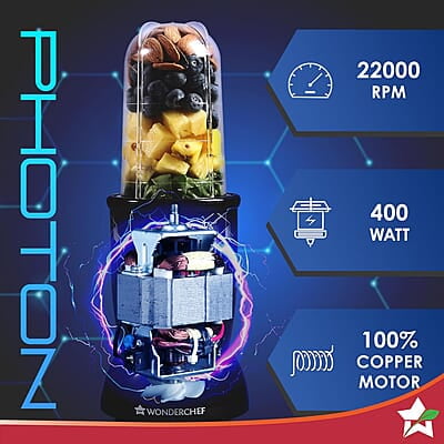 Wonderchef Nutri Blend Photon with Sipper Lid 22000 RPM, 400W Grinder,Blender & Smoothie Maker Wonderchef Nutri Blend Photon with Sipper Lid 22000 RPM, 400W Grinder,Blender & Smoothie Maker