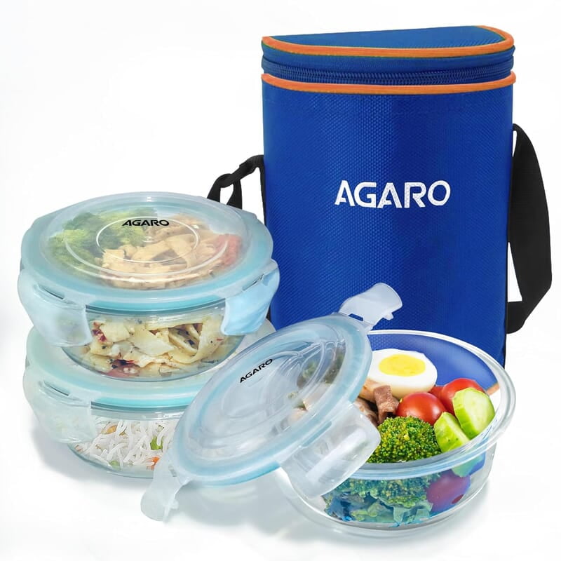 AGARO Elite Borosilicate Glass Lunch Box, 3pcs Set, 400ml Each, Office Tiffin Box with Bag AGARO Elite Borosilicate Glass Lunch Box, 3pcs Set, 400ml Each, Office Tiffin Box with Bag
