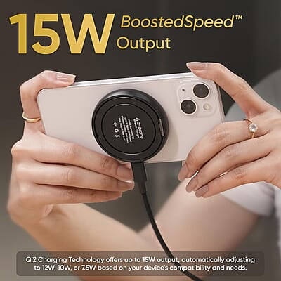 Ambrane 15W MagSafe Wireless Charger & Mobile Stand Lightweight & Foldable for iPhone 15/15 Plus/15 Pro/15 Pro Max, iPhone 12/13/14 Series & Other Qi Devices + Magnetic Ring Ambrane 15W MagSafe Wireless Charger & Mobile Stand Lightweight & Foldable for iPhone 15/15 Plus/15 Pro/15 Pro Max, iPhone 12/13/14 Series & Other Qi Devices + Magnetic Ring
