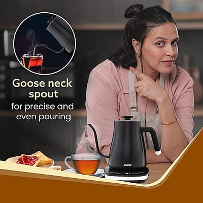 AGARO Grand Electric Goose Neck Kettle, 800 ml, Hot Water, Tea, Coffee, Stainless Steel Body, Narrow Neck, Adjustable Temperature Settings, LED display, Black | 1500 watts