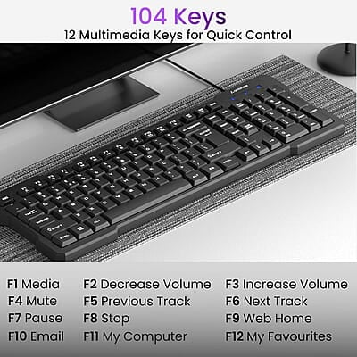 Ambrane Wired Keyboard, 104 Key with Membrane Switch Quick, 12Fn Shortcut Keys, Plug and Play USB Connection Compatible with PC, Mac, Laptop, Comfy and Ergonomically Design Ambrane Wired Keyboard, 104 Key with Membrane Switch Quick, 12Fn Shortcut Keys, Plug and Play USB Connection Compatible with PC, Mac, Laptop, Comfy and Ergonomically Design