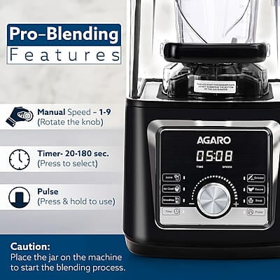 AGARO Imperial Professional Blender, Low Noise, 2200W Watts, 2.5L Capacity, 6 Preset With Pulse, Adjustable Speed & Timer AGARO Imperial Professional Blender, Low Noise, 2200W Watts, 2.5L Capacity, 6 Preset With Pulse, Adjustable Speed & Timer