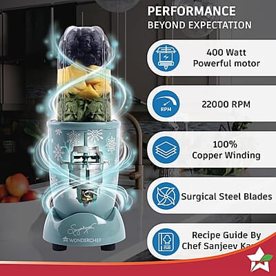 Wonderchef Nutri Blend Snowflakes, 22000 RPM 2 Unbreakable Jars, Stainless Steel Blades, 400 W Wonderchef Nutri Blend Snowflakes, 22000 RPM 2 Unbreakable Jars, Stainless Steel Blades, 400 W